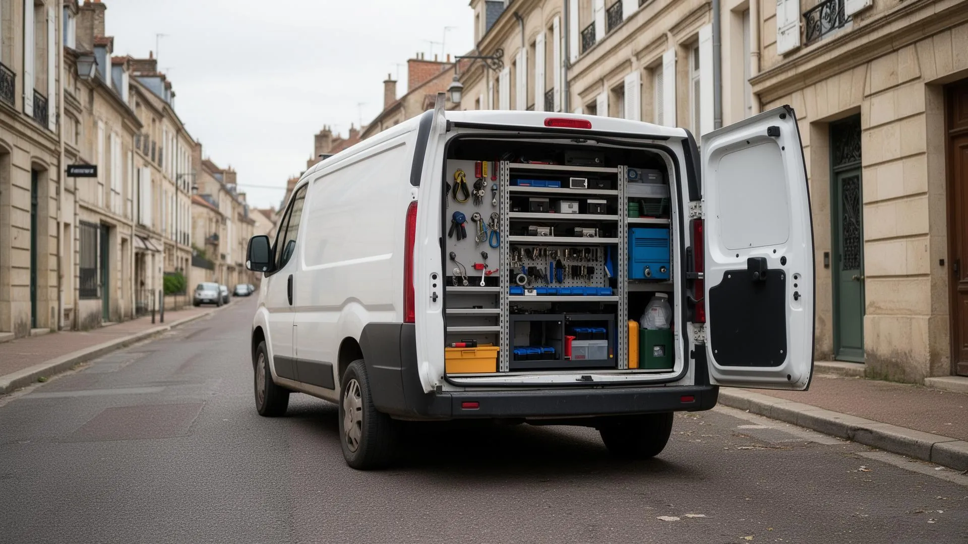 Véhicule d'intervention organisé avec outillage de serrurerie, garé dans une rue de Dijon
