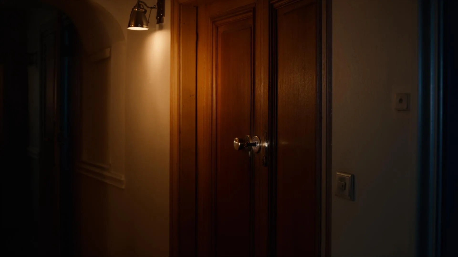 Porte d'entrée d'appartement éclairée la nuit dans un couloir dijonnais